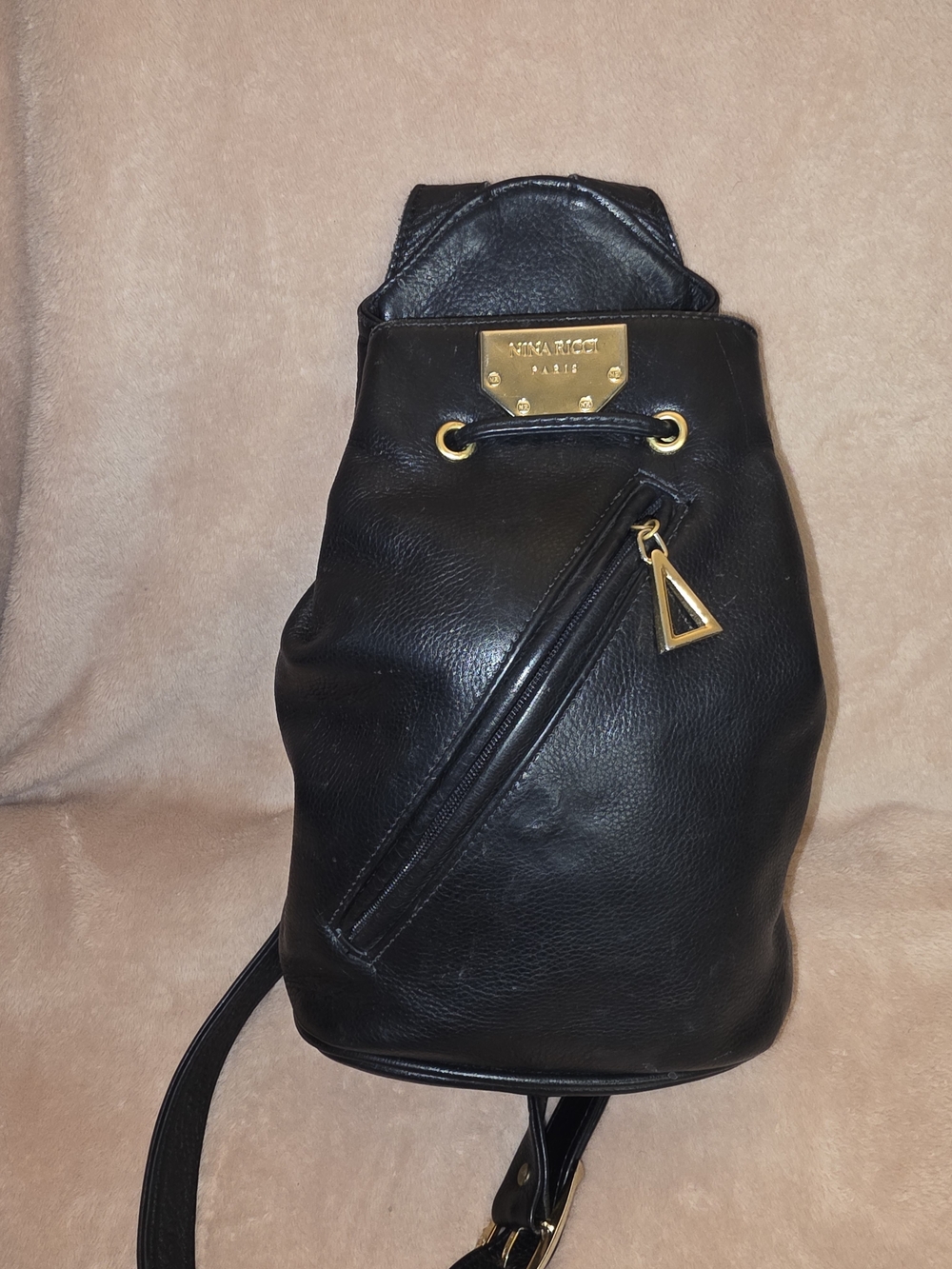 Nina Ricci Black Leather Backpack with Gold Hardware